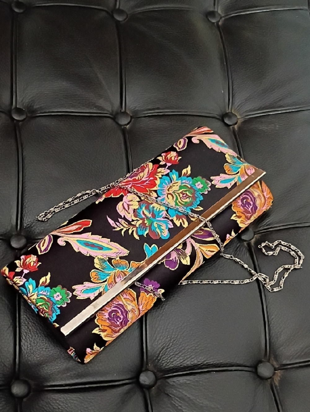 Floral Embroidered Black Clutch with Chain Strap
